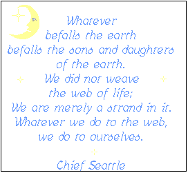 Whatever befalls the earth befalls the sons and daughters of the earth.  We did not weave the web of life; We are merely a strand in it.  Whatever we do to the web, we do to ourselves.--Chief Seattle